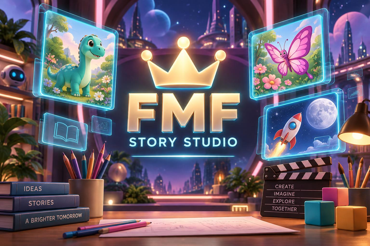 Original FMF Story Studio art with a colorful creative workshop